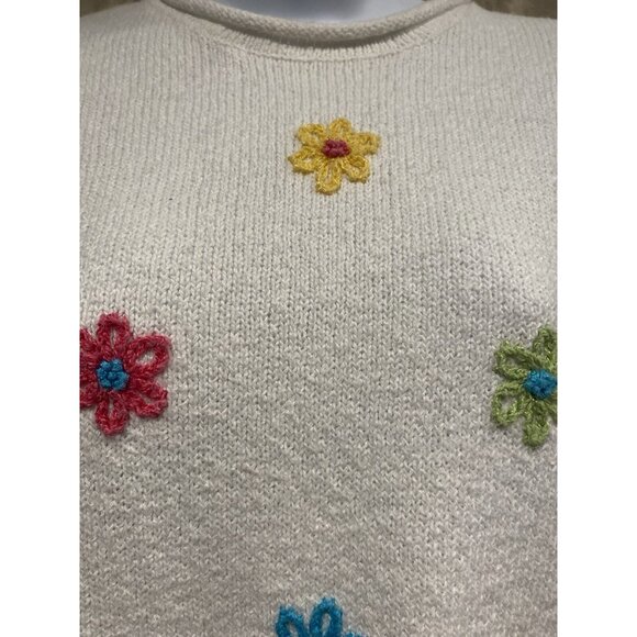 Northern Isles Hand Embroidered Sweater Pullover Short Sleeve White Stretch - Picture 3 of 9